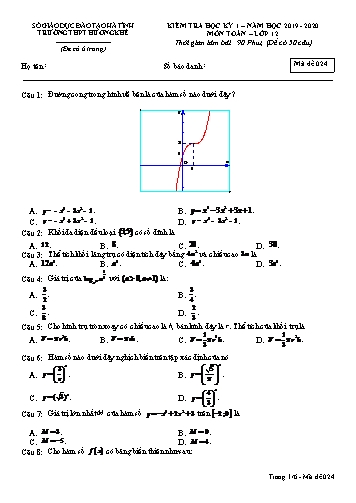 Đề kiểm tra môn Toán Lớp 12 - Học kỳ I - Năm học 2019-2020 - Trường THPT Hương Khê - Mã đề 024 (Kèm đáp án)