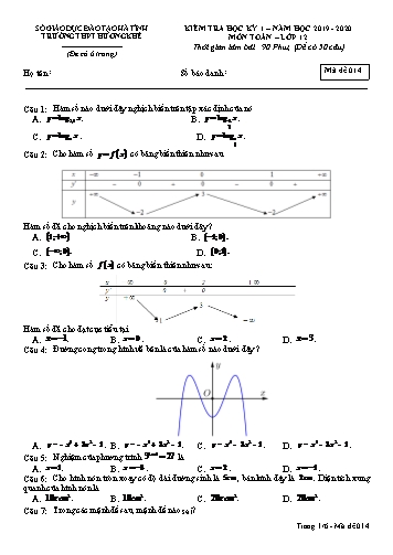 Đề kiểm tra môn Toán Lớp 12 - Học kỳ I - Năm học 2019-2020 - Trường THPT Hương Khê - Mã đề 014 (Kèm đáp án)