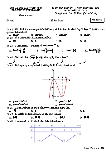 Đề kiểm tra môn Toán Lớp 12 - Học kỳ I - Năm học 2019-2020 - Trường THPT Hương Khê - Mã đề 015 (Kèm đáp án)