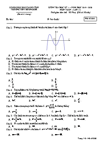 Đề kiểm tra môn Toán Lớp 12 - Học kỳ I - Năm học 2019-2020 - Trường THPT Hương Khê - Mã đề 006 (Kèm đáp án)