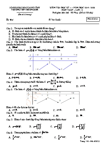 Đề kiểm tra môn Toán Lớp 12 - Học kỳ I - Năm học 2019-2020 - Trường THPT Hương Khê - Mã đề 023 (Kèm đáp án)