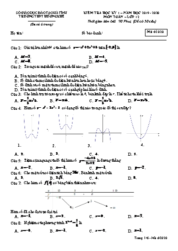 Đề kiểm tra môn Toán Lớp 12 - Học kỳ I - Năm học 2019-2020 - Trường THPT Hương Khê - Mã đề 020 (Kèm đáp án)