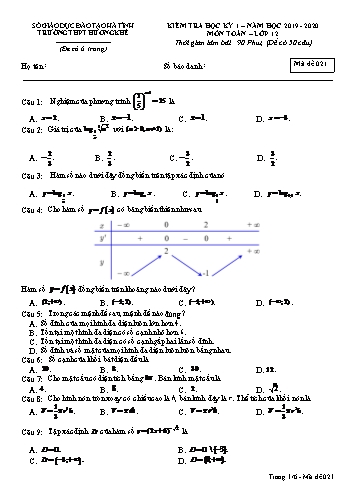 Đề kiểm tra môn Toán Lớp 12 - Học kỳ I - Năm học 2019-2020 - Trường THPT Hương Khê - Mã đề 021 (Kèm đáp án)