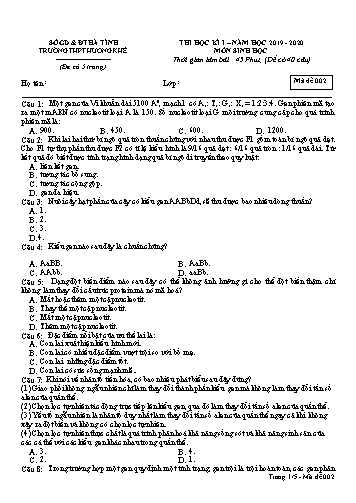 Đề kiểm tra Sinh học Lớp 12 - Học kỳ I - Năm học 2019-2020 - Trường THPT Hương Khê - Mã đề 002 (Kèm đáp án)