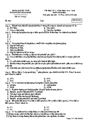 Đề kiểm tra Sinh học Lớp 12 - Học kỳ I - Năm học 2019-2020 - Trường THPT Hương Khê - Mã đề 020 (Kèm đáp án)