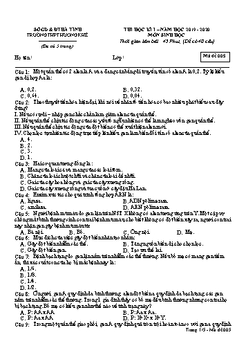 Đề kiểm tra Sinh học Lớp 12 - Học kỳ I - Năm học 2019-2020 - Trường THPT Hương Khê - Mã đề 005 (Kèm đáp án)