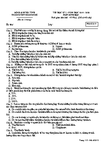 Đề kiểm tra Sinh học Lớp 12 - Học kỳ I - Năm học 2019-2020 - Trường THPT Hương Khê - Mã đề 019 (Kèm đáp án)