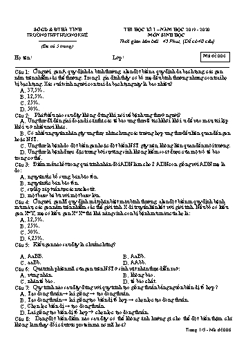 Đề kiểm tra Sinh học Lớp 12 - Học kỳ I - Năm học 2019-2020 - Trường THPT Hương Khê - Mã đề 006 (Kèm đáp án)