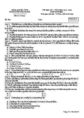 Đề kiểm tra Sinh học Lớp 12 - Học kỳ I - Năm học 2019-2020 - Trường THPT Hương Khê - Mã đề 014 (Kèm đáp án)