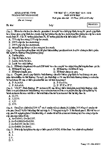 Đề kiểm tra Sinh học Lớp 12 - Học kỳ I - Năm học 2019-2020 - Trường THPT Hương Khê - Mã đề 021 (Kèm đáp án)