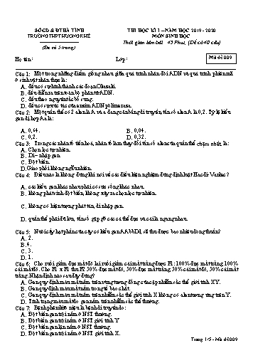 Đề kiểm tra Sinh học Lớp 12 - Học kỳ I - Năm học 2019-2020 - Trường THPT Hương Khê - Mã đề 009 (Kèm đáp án)