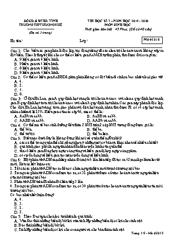 Đề kiểm tra Sinh học Lớp 12 - Học kỳ I - Năm học 2019-2020 - Trường THPT Hương Khê - Mã đề 015 (Kèm đáp án)