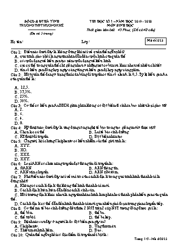 Đề kiểm tra Sinh học Lớp 12 - Học kỳ I - Năm học 2019-2020 - Trường THPT Hương Khê - Mã đề 023 (Kèm đáp án)