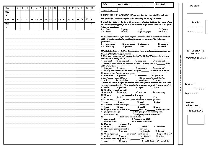 Đề kiểm tra Tiếng Anh Lớp 11 - Học kỳ II - Năm học 2018-2019 - Mã đề 112 (Kèm đáp án)