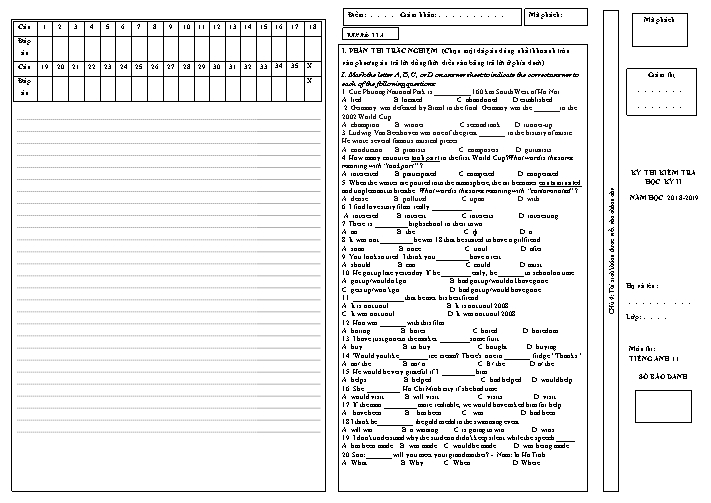 Đề kiểm tra Tiếng Anh Lớp 11 - Học kỳ II - Năm học 2018-2019 - Mã đề 114 (Kèm đáp án)