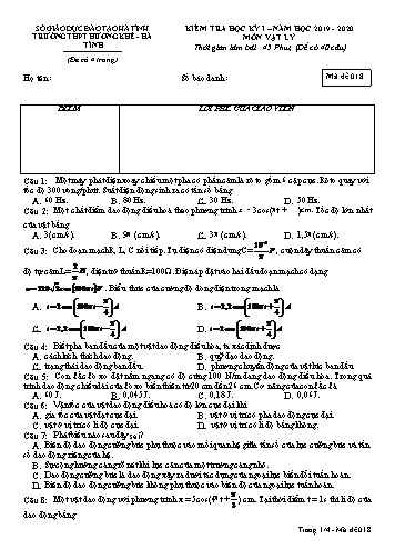Đề kiểm tra Vật lý Lớp 12 - Học kỳ I - Năm học 2019-2020 - Trường THPT Hương Khê - Mã đề 018 (Kèm đáp án)