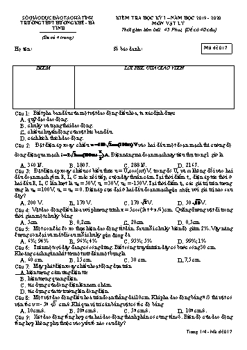 Đề kiểm tra Vật lý Lớp 12 - Học kỳ I - Năm học 2019-2020 - Trường THPT Hương Khê - Mã đề 017 (Kèm đáp án)