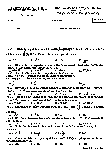 Đề kiểm tra Vật lý Lớp 12 - Học kỳ I - Năm học 2019-2020 - Trường THPT Hương Khê - Mã đề 023 (Kèm đáp án)
