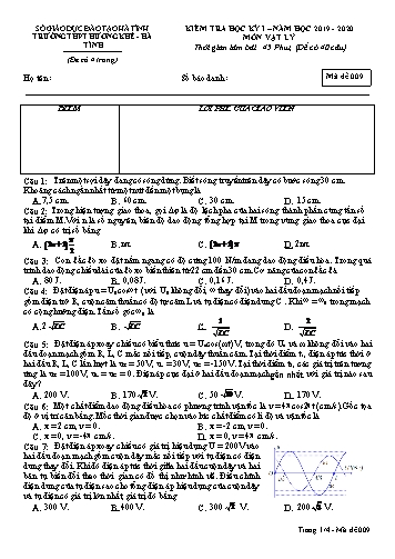 Đề kiểm tra Vật lý Lớp 12 - Học kỳ I - Năm học 2019-2020 - Trường THPT Hương Khê - Mã đề 009 (Kèm đáp án)