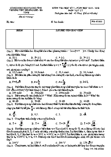 Đề kiểm tra Vật lý Lớp 12 - Học kỳ I - Năm học 2019-2020 - Trường THPT Hương Khê - Mã đề 003 (Kèm đáp án)