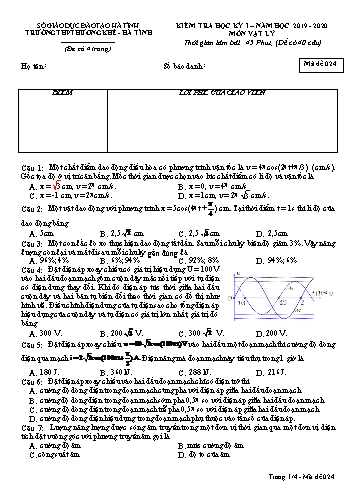 Đề kiểm tra Vật lý Lớp 12 - Học kỳ I - Năm học 2019-2020 - Trường THPT Hương Khê - Mã đề 024 (Kèm đáp án)