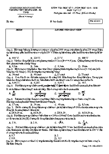 Đề kiểm tra Vật lý Lớp 12 - Học kỳ I - Năm học 2019-2020 - Trường THPT Hương Khê - Mã đề 022 (Kèm đáp án)