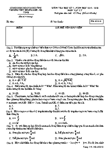 Đề kiểm tra Vật lý Lớp 12 - Học kỳ I - Năm học 2019-2020 - Trường THPT Hương Khê - Mã đề 010 (Kèm đáp án)