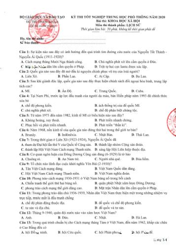 Đề thi tham khảo môn Lịch sử - Kỳ thi tốt nghiệp THPT năm 2020