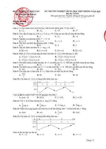 Đề thi tham khảo môn Toán - Kỳ thi tốt nghiệp THPT năm 2020