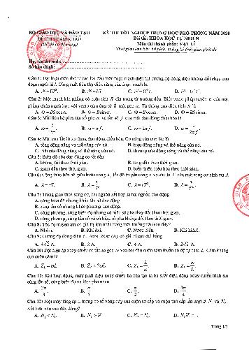 Đề thi tham khảo môn Vật lí - Kỳ thi tốt nghiệp THPT năm 2020