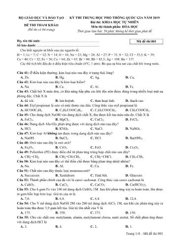 Đề thi tham khảo Trung học phổ thông quốc gia năm 2019 môn Hóa học - Mã đề thi 001