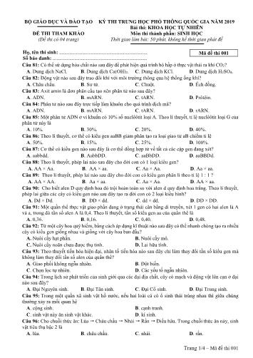 Đề thi tham khảo Trung học phổ thông quốc gia năm 2019 môn Sinh học - Mã đề thi 001