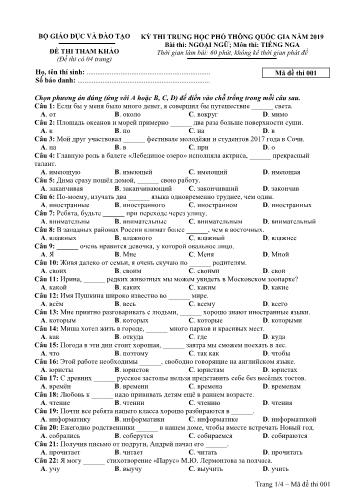 Đề thi tham khảo Trung học phổ thông quốc gia năm 2019 môn Tiếng Nga - Mã đề thi 001