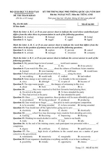 Đề thi tham khảo Trung học phổ thông quốc gia năm 2019 môn Tiếng Anh - Mã đề thi 001