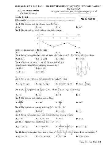 Đề thi tham khảo Trung học phổ thông quốc gia năm 2019 môn Toán - Mã đề thi 001