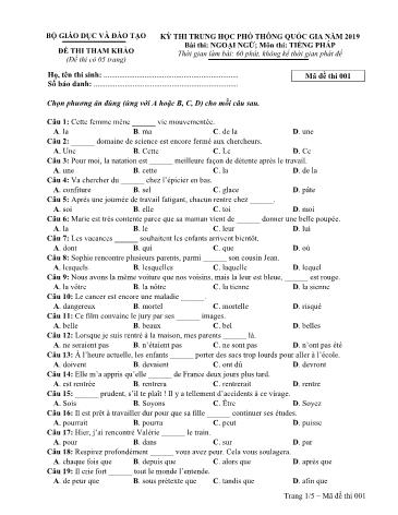 Đề thi tham khảo Trung học phổ thông quốc gia năm 2019 môn Tiếng Pháp - Mã đề thi 001