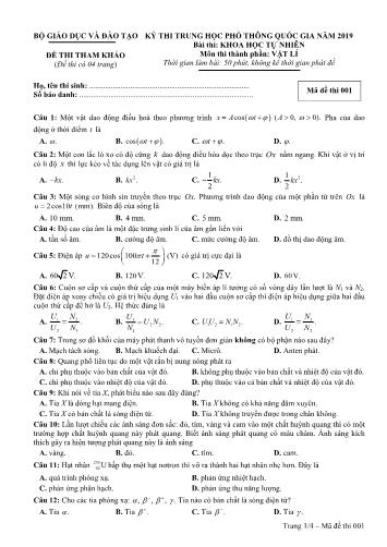 Đề thi tham khảo Trung học phổ thông quốc gia năm 2019 môn Vật lí - Mã đề thi 001