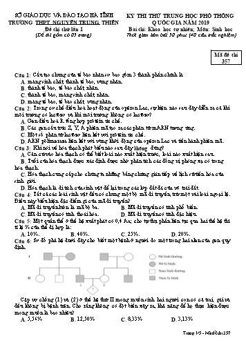 Đề thi thử lần 1 môn Sinh học - Kỳ thi thử THPT Quốc gia năm 2019 - Trường THPT Nguyễn Trung Thiên - Mã đề 357 (Kèm đáp án)