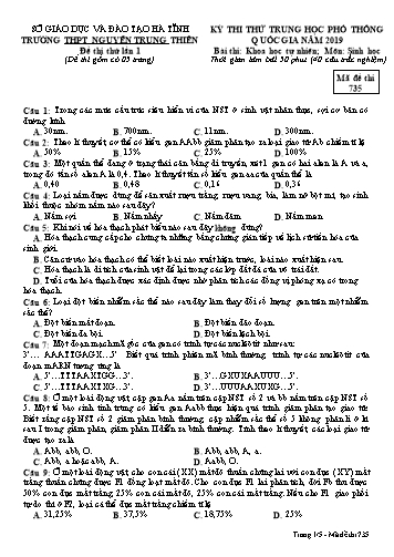 Đề thi thử lần 1 môn Sinh học - Kỳ thi thử THPT Quốc gia năm 2019 - Trường THPT Nguyễn Trung Thiên - Mã đề 735 (Kèm đáp án)