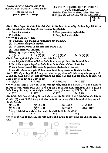 Đề thi thử lần 1 môn Sinh học - Kỳ thi thử THPT Quốc gia năm 2019 - Trường THPT Nguyễn Trung Thiên - Mã đề 209 (Kèm đáp án)