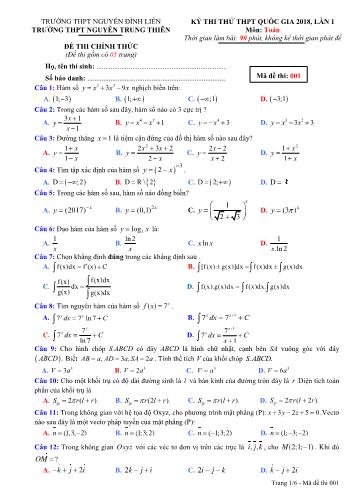 Đề thi thử lần 1 môn Toán - Kỳ thi thử THPT Quốc gia - Trường THPT Nguyễn Trung Thiên - Mã đề 001