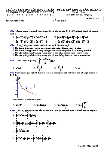 Đề thi thử lần 2 môn Toán - Kỳ thi thử THPT Quốc gia - Trường THPT Nguyễn Trung Thiên, Trường THPT Nguyễn Đình Liễn - Mã đề 108