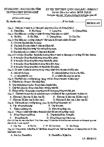 Đề thi thử môn Địa lí Lớp 12 - Kỳ thi THPT Quốc gia - Năm học 2016-2017 - Trường THPT Hương Khê - Mã đề 432 (Kèm đáp án)