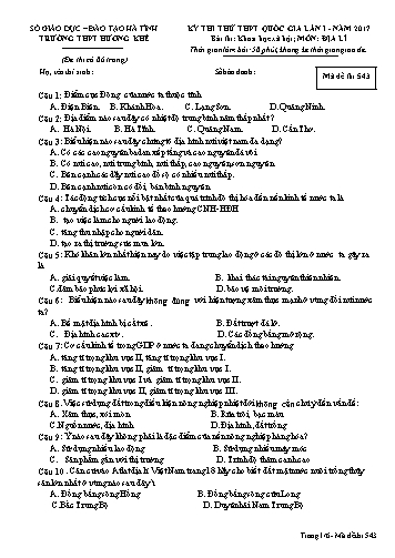 Đề thi thử môn Địa lí Lớp 12 - Kỳ thi THPT Quốc gia - Năm học 2016-2017 - Trường THPT Hương Khê - Mã đề 543 (Kèm đáp án)