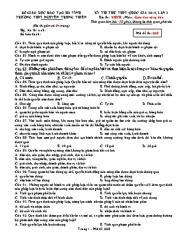 Đề thi thử môn GDCD - Kỳ thi thử THPT Quốc gia lần 2 năm 2019 - Trường THPT Nguyễn Trung Thiên - Mã đề 008 (Kèm đáp án)