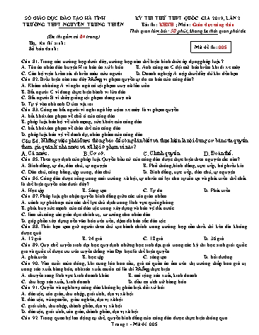 Đề thi thử môn GDCD - Kỳ thi thử THPT Quốc gia lần 2 năm 2019 - Trường THPT Nguyễn Trung Thiên - Mã đề 005 (Kèm đáp án)