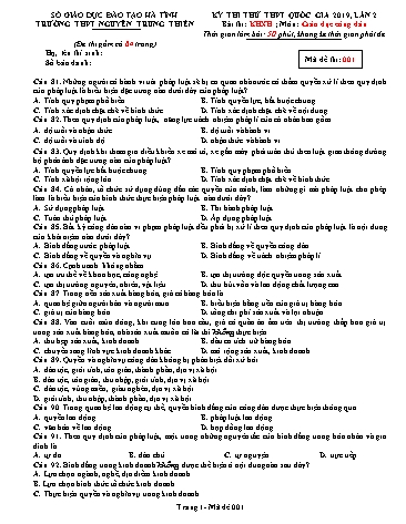 Đề thi thử môn GDCD - Kỳ thi thử THPT Quốc gia lần 2 năm 2019 - Trường THPT Nguyễn Trung Thiên - Mã đề 001 (Kèm đáp án)