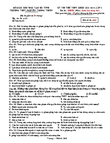 Đề thi thử môn GDCD - Kỳ thi thử THPT Quốc gia lần 2 năm 2019 - Trường THPT Nguyễn Trung Thiên - Mã đề 004 (Kèm đáp án)