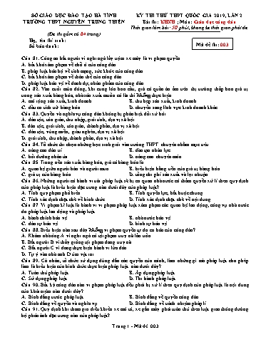 Đề thi thử môn GDCD - Kỳ thi thử THPT Quốc gia lần 2 năm 2019 - Trường THPT Nguyễn Trung Thiên - Mã đề 003 (Kèm đáp án)