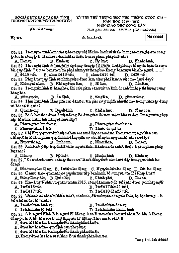 Đề thi thử môn GDCD - Kỳ thi thử THPT Quốc gia - Năm học 2019-2020 - Trường THPT Nguyễn Trung Thiên - Mã đề 005 (Kèm đáp án)